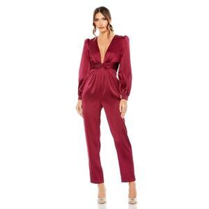 NWT Ieena for Mac Duggal Front Twist Puff Sleeve Deep V Jumpsuit Ruby Size 6